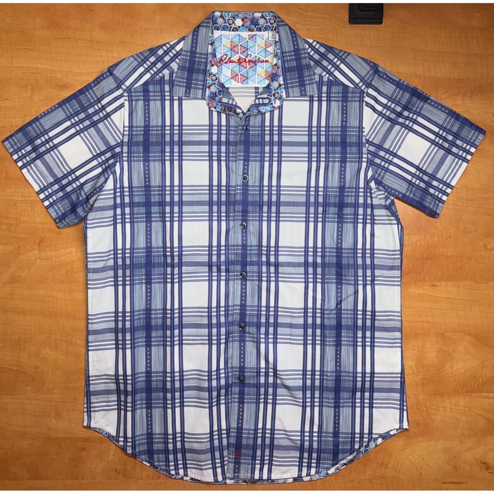 Robert Graham Mens Blue White Plaid Short Sleeve Button Down Shirt Classic Fit M